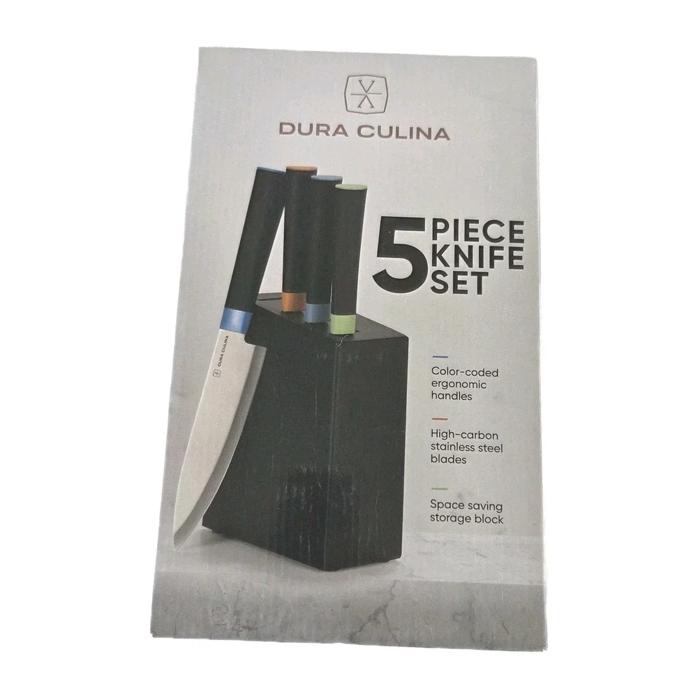 Dura Culina 5pc High Carbon Stainless Steel Kitchen Knife Set Storage Block‎ NEW